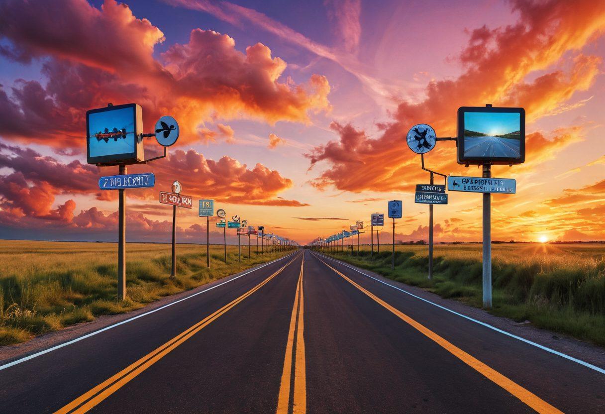 An artistic representation of a crossroads, featuring two distinct paths: one adorned with contemporary digital technology like tablets and screens, and the other lined with vintage magazines and film reels. Above, a vibrant sky transitions from a soft sunrise representing traditional norms to a bold sunset symbolizing modern explicit content. Include symbolic elements like caution signs and gears intertwining, illustrating the clash of trends and taboo. surrealistic. vibrant colors.