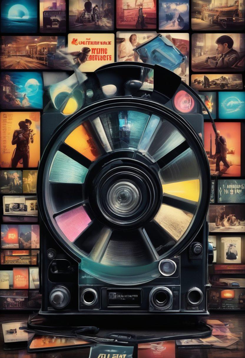 A dynamic collage depicting the evolution of adult media, showcasing a classic film reel merging into modern digital screens. Include elements like old-fashioned cameras, contemporary smartphones, and vibrant neon lights to represent the transition. In the background, blend faded film posters with digital icons and symbols of the internet, capturing the essence of change. Captivating and thought-provoking. super-realistic. vibrant colors. 3D.